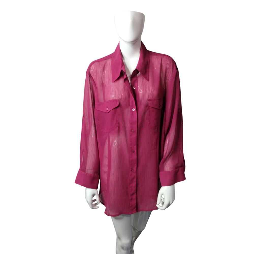 Emma James Womens Textured Button Up Classic Sheer Beachy Resortwear Roll-up 3X
